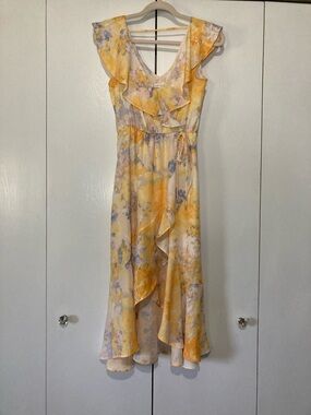 Socialite XS Yellow and Lavender Floral Ruffle Flutter Sleeve Faux Wrap Dress